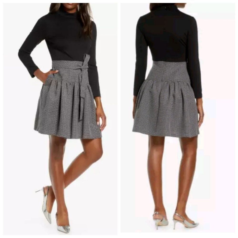 ELIZA J 12 Black White Tweed Skirt Long Sleeve Fit & Flare Mock Neck Dress‎